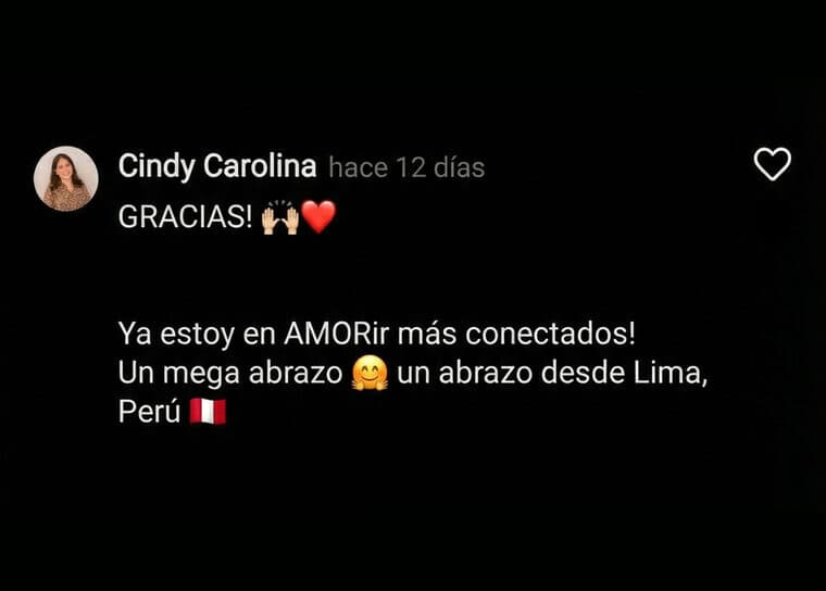 Cindy en Instagram: ya estoy en AMORir, un abrazo desde Lima.